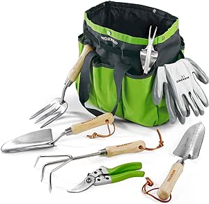 WORKPRO 8 Piece Garden Tools Set, Stainless Steel Hand Tools with Wooden Handle, Including Gloves, Trowel, Weeder, Hand fork, Hand Rake, Transplanter, Pruner and Garden Tote